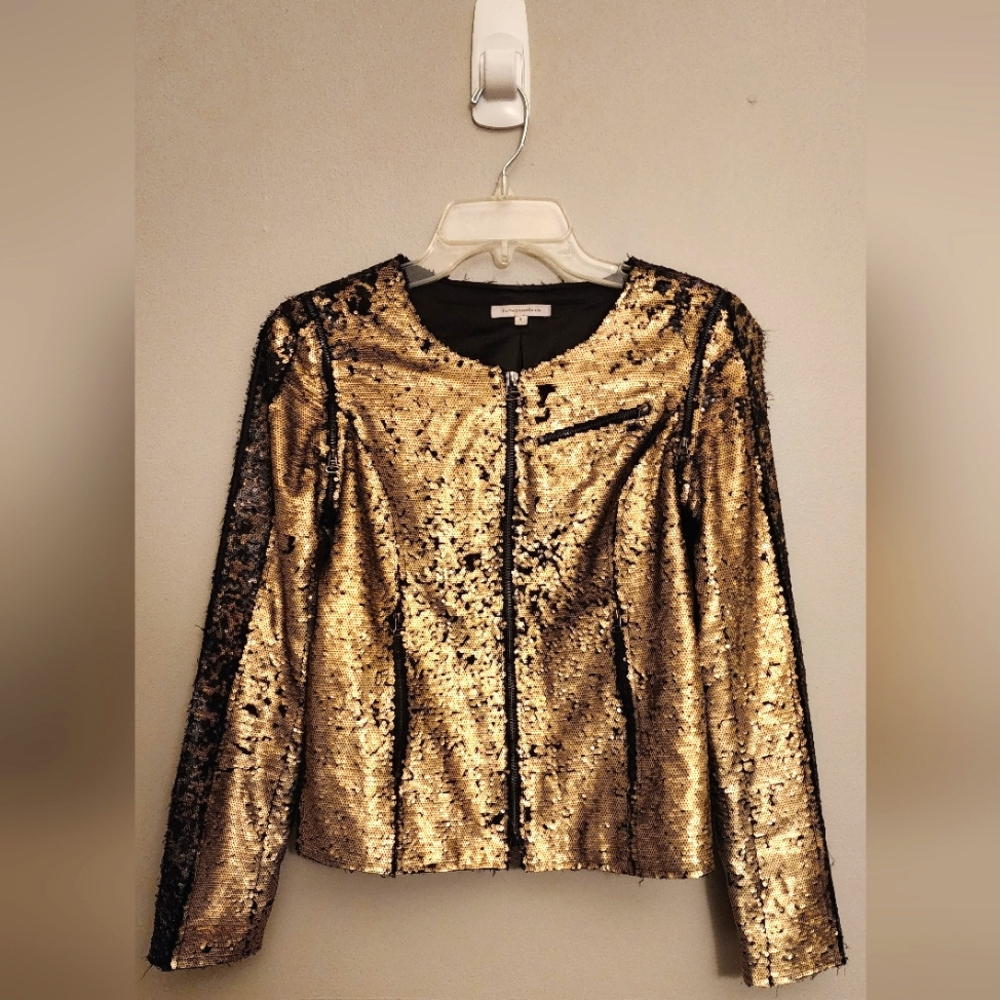 Faith Connexion Sequin Jacket Vest Zip Off Removable Sleeves Size S Black Gold